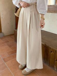 Pantalones de pierna ancha y cintura alta para mujer, estilo para trayecto, de lino para primavera y verano - Albaricoque - Ver 4