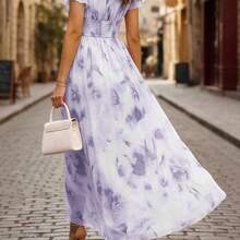 guang zhou mi qian shang mao  Vestido midi de línea A con cintura ceñida, cuello en V, volantes en el bajo y estampado floral, elegante y romántico para ocasiones festivas - Multicolor - Ver 9