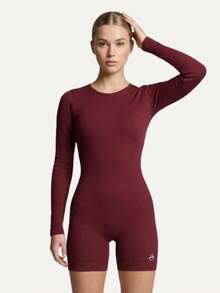 Mono deportivo con espalda descubierta y broche, mono de manga larga para fitness, textura acanalada, adecuado para entrenamiento - Burdeos - Ver 6
