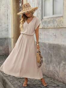 Vestido de mujer de manga corta holgado con cuello en V y medio abierto, de tela texturizada, adecuado para exteriores y vacaciones, primavera/verano - Marrón - Ver 11