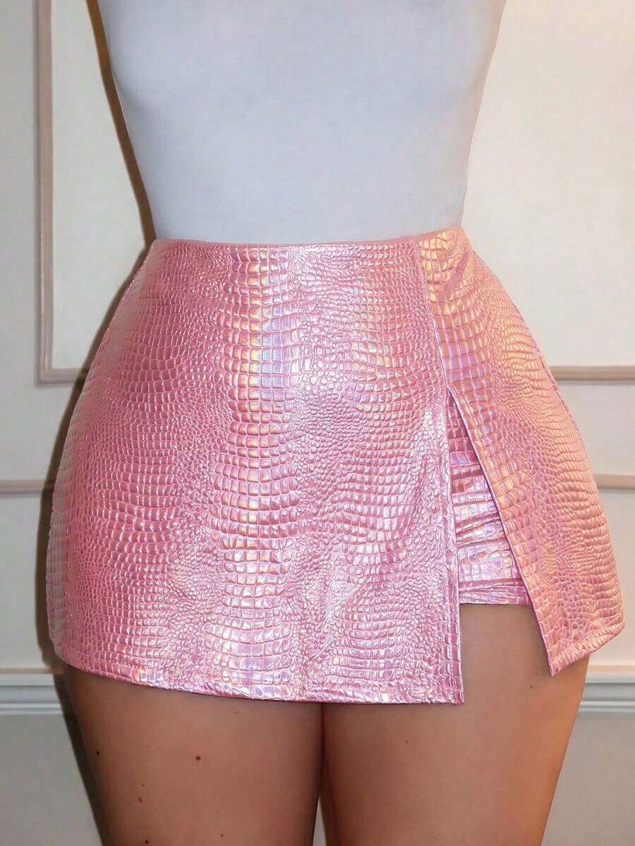 Falda-pantalón con abertura y textura de piel de cocodrilo sintética estilo Y2K "baddie" para mujer, para primavera/verano - Ponche de Fiesta - Ver 1