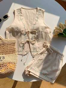 Conjunto casual de 2 piezas de top corto sin mangas con cordones delanteros y shorts para mujer en beige - Albaricoque 2 - Ver 3