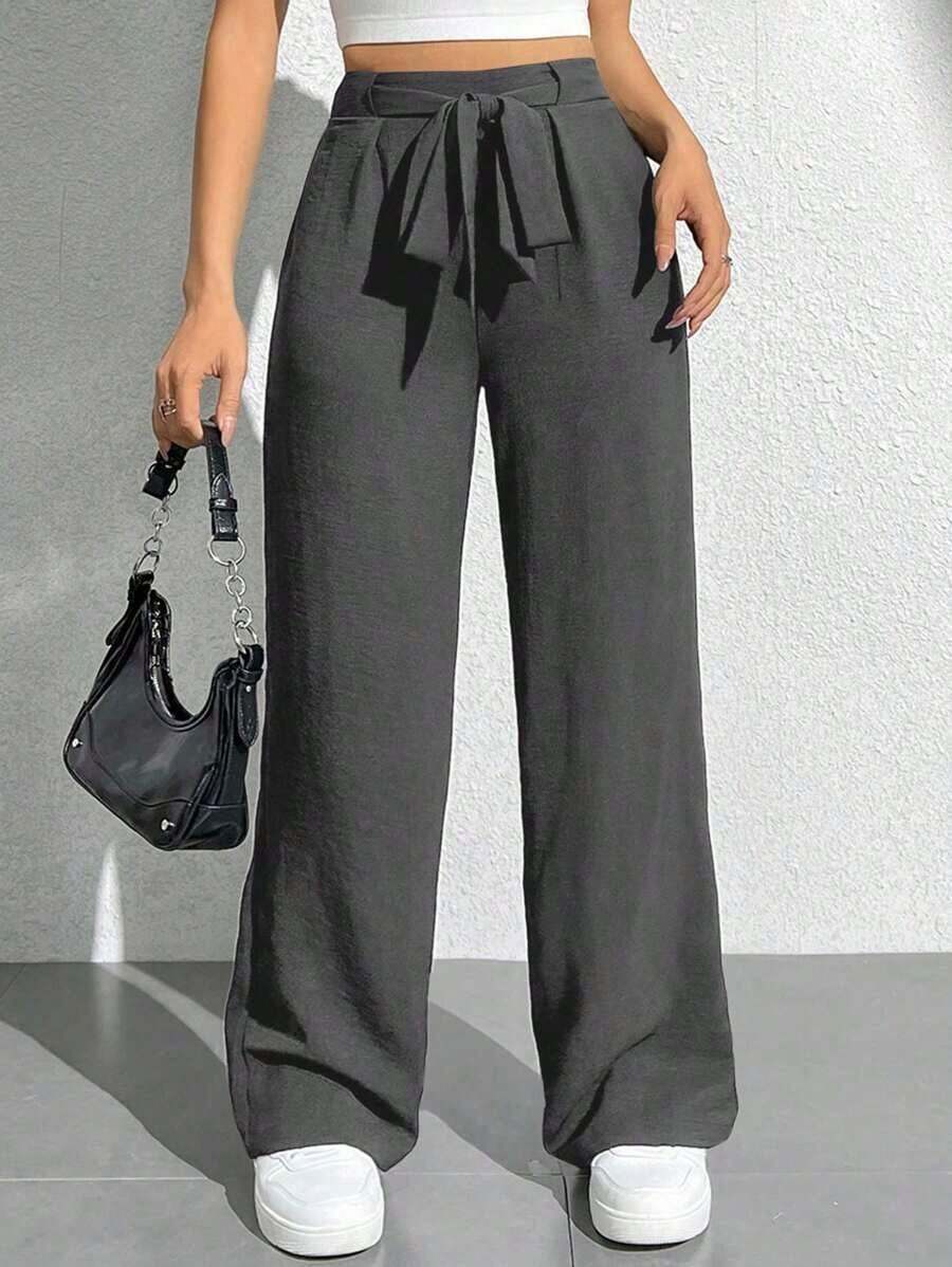 PETITE Pantalones anchos largos para mujeres, en unicolor, cintura alta con cinturón para un estilo suelto - Gris Oscuro - Ver 1