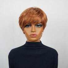 Brazilian Remy Human Hair Wig - 4 Inch Short Layered Pixie Cut With Bangs | Glue-Free Rose Mesh Cap, Natural Straight Hair, 33# Brown Caramel Shade, Low Maintenance, Density, Suitable For Women - S33 - View 5