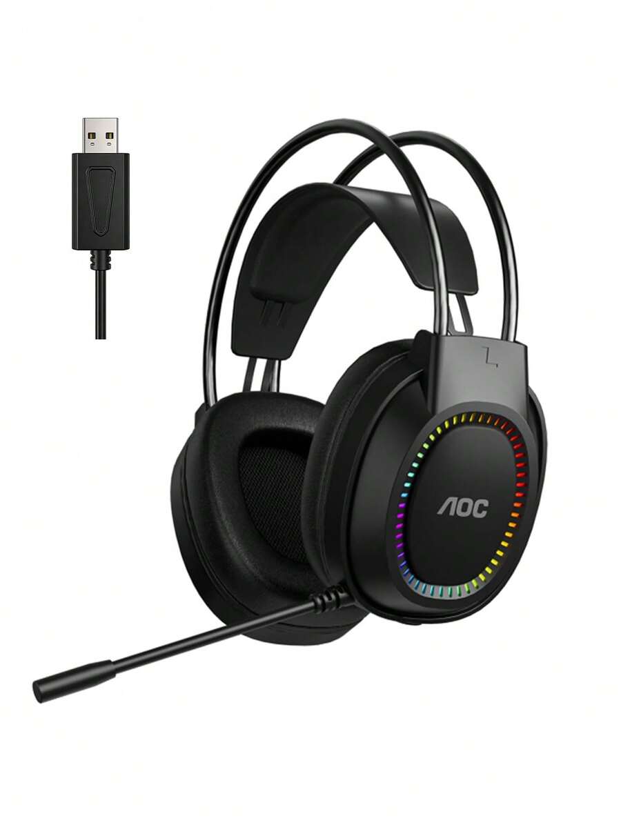 Lenovo AOC 游戏 USB 耳机 RGB 有线游戏耳机，配备 50mm 驱动单元、降噪麦克风和音量控制，适用于 PC、PS4、PS5、Switch 等游戏和学习会议。 - 查看 1