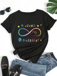 1 pieza Camiseta Casual de Manga Corta con Cuello Redondo para Mujeres - Estampado Gráfico Neurodivergente con Símbolo de Infinito, Arcoíris y Estrellas, Ajuste Cómodo, Microelástica, Esencial para Primavera/Verano, Lavable a Máquina, Camiseta Estampada Divertida |   Camiseta de tela suave, camisetas de mujer 180g 100% algodón suave, camiseta deportiva para mujer, camiseta de fitness para mujer. - Negro - Ver 2