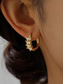 CHICAT 1 Pair Gold Wheat Ear Studs With Zirconia Stones, Premium Faux Diamond Leaf Earrings, Versatile Daily Commute Women's Jewelry - Gold - View 4