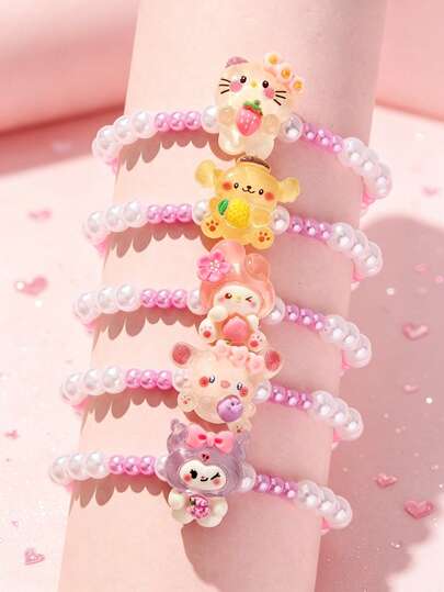 SANRIO 5件套三丽鸥女孩可爱小猫水果串珠手链，适合节日派对、学校活动、生日礼物等场合。