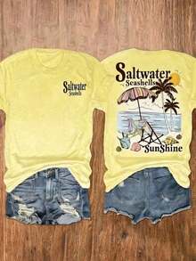 Conjuntos de Vacaciones para Mujer, Camiseta con Estampado de Conchas Marinas y Palmeras para la Playa, Camiseta Casual de Manga Corta para Mujer, Ropa de Mujer, Holgada y Cómoda, Ropa de Verano para Vacaciones de Mujer - Amarillo - Ver 10