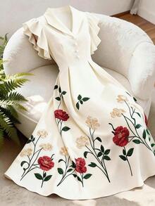 XHEGlowEve Vestido de manga abombada de longitud media, de color albaricoque, con estampado floral, cuello de solapa, botones de perlas en la cintura, diseño de línea A, elegante, dulce, encantador, versátil, para uso diario, vacaciones, viajes, citas, estilo francés, retro, primavera y verano, nueva llegadaXHE - Multicolor 5 - Ver 4