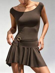 Women's Round Neck Sleeveless Fitted Fashion Casual Elegant Minimalist Decorative Button Mini Dress For Daily Wear, Sports, Yoga, Running, Fitness, Spring, Summer, Autumn - Brown - View 4