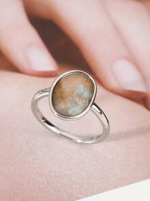 1pc Minimalist Oval Labradorite Stone Ring, Gold/Silver Plated Statement Ring, Vintage Boho Style, Women's Daily & Party Jewelry Gift - Personalized Rings - View 9