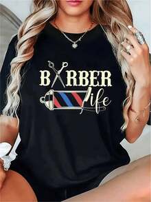 Women's Pure Cotton T-Shirt With A Modern Barbershop Graphic Print, Round Neck, Short Sleeves, Loose Fit, Casual And Comfortable Design Ideal For Summer. - 黑色 - 查看 1