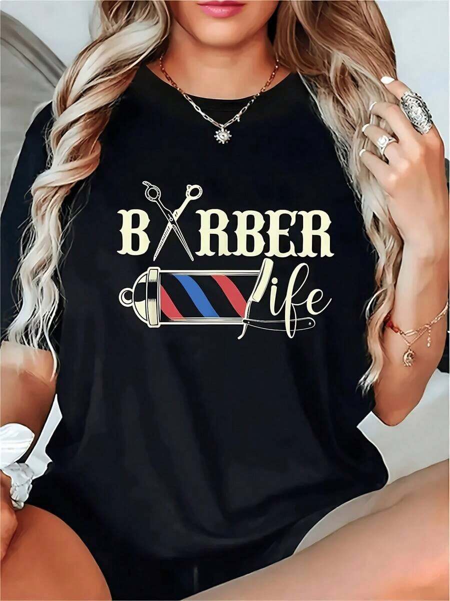 Women's Pure Cotton T-Shirt With A Modern Barbershop Graphic Print, Round Neck, Short Sleeves, Loose Fit, Casual And Comfortable Design Ideal For Summer. - 黑色 - 查看 1