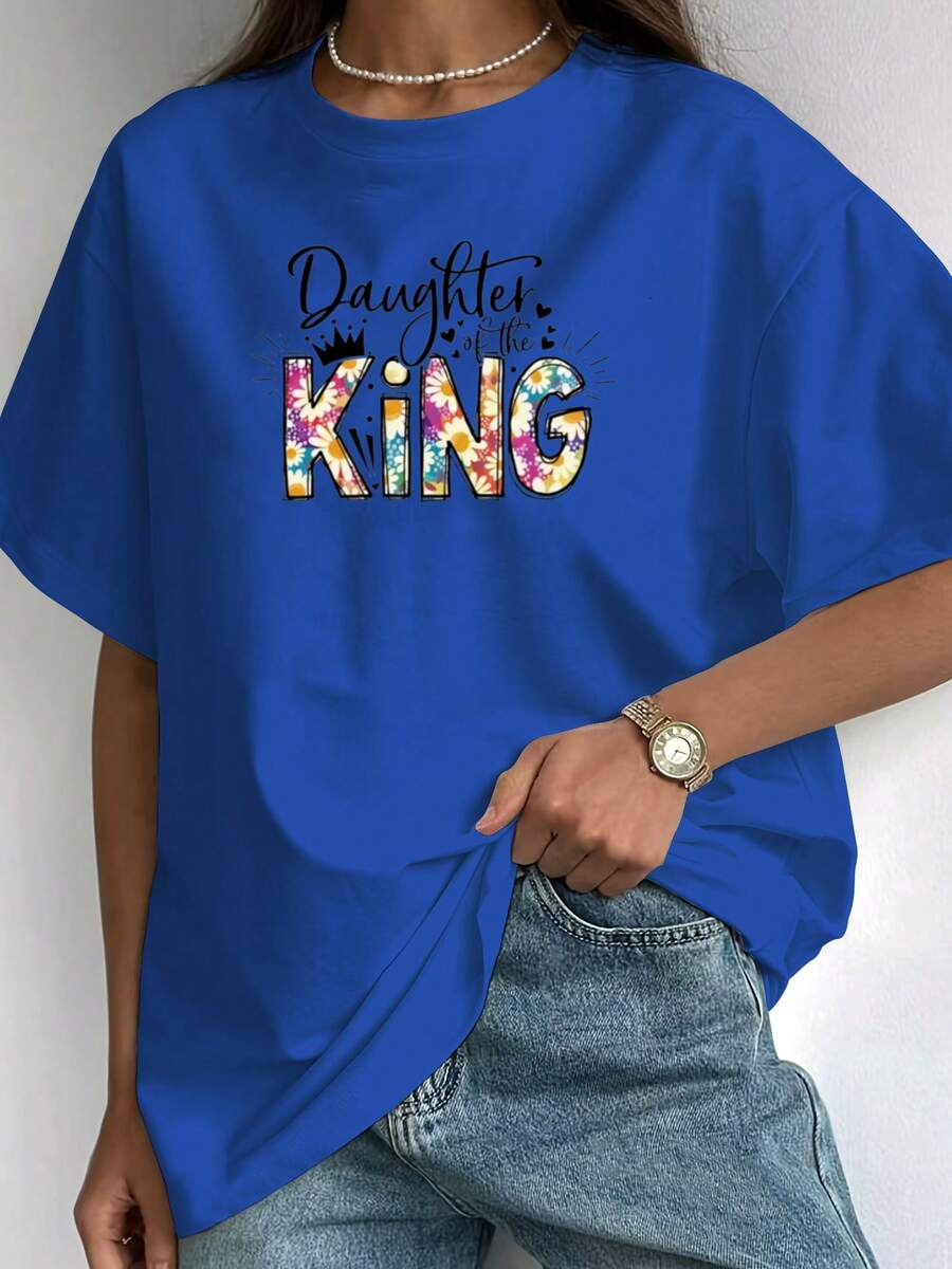 Camiseta de manga corta para mujer, disponible en cinco colores. Camiseta "Hija del Rey Faith" para mujer, nueva camiseta de verano con estampado floral artístico, camiseta inspiradora con corona de reina, cuello redondo y manga corta, 100% algodón. - Azul - Ver 1
