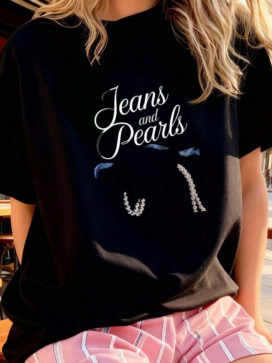 1 pieza de camiseta oversize para mujer, JEANS Y PERLAS con -0180g Algodón 100% - Negro 5 - Ver 1
