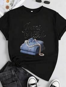 1 pieza de camiseta oversize para mujer, JEANS Y PERLAS con -0180g Algodón 100% - Negro 1 - Ver 3