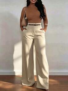Women's Fashionable High-Waisted Straight Leg Casual Pants Spring - Khaki - View 3