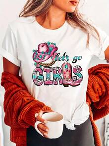 Retro Cowgirl T-Shirt "Let's Have Fun!",  And Stylish Letter Print, Casual Short-Sleeved Crew Neck Top For Summer And Spring, Women's Clothing - 白色 - 查看 4