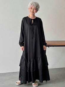 Vestido casual de manga larga con cuello de corbata de unicolor, vestidos de sol para mujeres - Negro - Ver 4