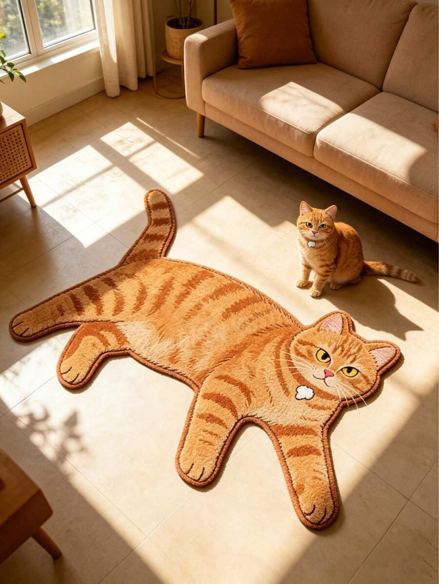 1 件橙色猫形地毯,客厅地毯,可水洗地毯,家居装饰,大圆形客厅地毯,毕业礼物 - 橘貓 - 查看 1
