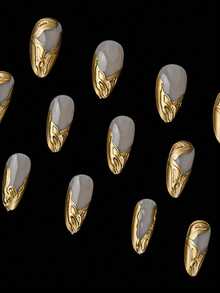 Y2K Style Instantly Upgrade Your Look! 24pcs Set Street Minimalist Casual Daily Personalized Cool Extremely Simple Nordic Silver Asymmetric Metal Line Crystal Decor 3D Metal Cross White French Almond Shaped Press-On Fake Nails, Suitable For Stylish And Cool Girls And Ladies Nail Art Supplies. - Vàng - Xem 3