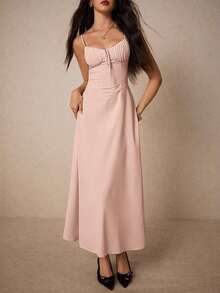 Vestido largo elegante de color crema con escote de corazón y detalles de volantes - perfecto para eventos formales, bodas de verano y citas románticas en la cena, vestimenta de mujeres para el Día de San Valentín, atuendos de mujeres amarillos, vestidos de mujeres en tonos pastel, vestidos elegantes para mujeres, vestidos de graduación blancos, vestidos de verano para mujeres, vestido de fiesta del té - Rosa Pálido - Ver 5