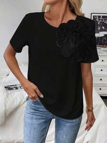 Camiseta de manga corta con apliques florales para mujer, camisetas gráficas para verano - Negro - Ver 3