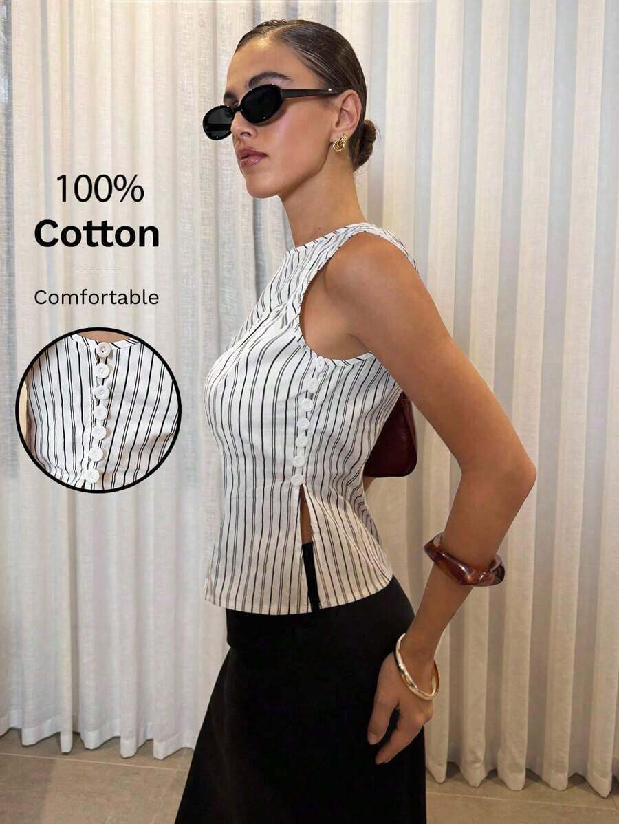 Camisa de mujer de cuello redondo sin mangas a rayas en blanco y negro con botones laterales y abertura, elegante para ir al trabajo, básica, para profesoras, negocios casuales, oficina, trabajo de mujeres, profesional, uso de oficina, casual de negocios, de algodón, sin mangas, abotonada - Blanco y Negro - Ver 1