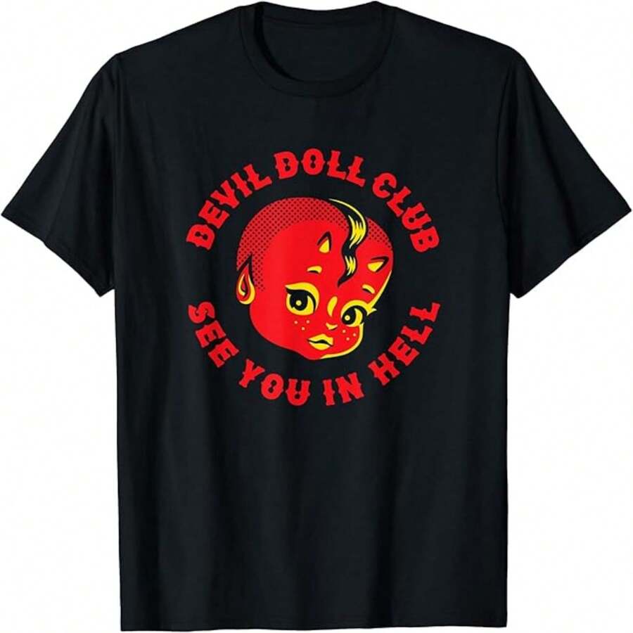 Camiseta informal de de algodón de manga corta y cuello redondo con estampado de Devil Doll Club. - Negro - Ver 1