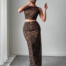 YijiaNvz  Vestido ajustado de mujer con abertura, de malla con efecto tie-dye degradado sin mangas, conjunto de 2 piezas - Verde - Ver 4