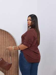 Women's Plus Size Long Sleeve Blouse/Shirt With Simple Collar And Buttons Down The Front - 鏽棕色 - 查看 5