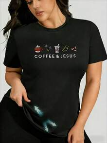 Playeras casuales de mujer de algodón manga corta estampado Coffee and Jesus cómoda para uso diario - Negro - Ver 6