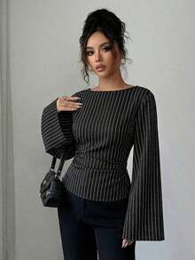 Blusa de manga larga con rayas y pliegues en la espalda para mujer - Negro - Ver 5