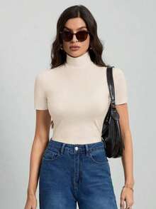 Tall Camiseta básica de unicolor negro de cuello alto con mangas cortas para mujer - Albaricoque - Ver 1