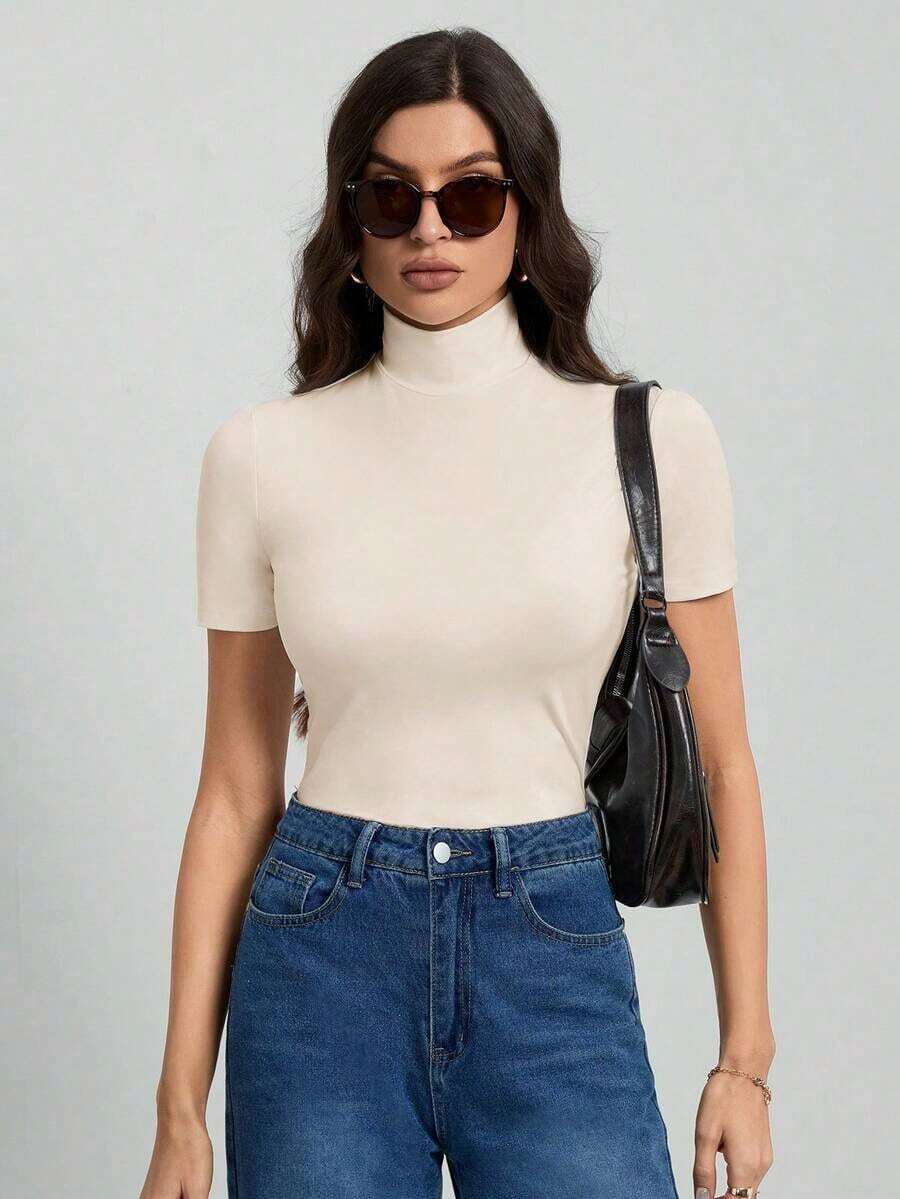 Tall Camiseta básica de unicolor negro de cuello alto con mangas cortas para mujer - Albaricoque - Ver 1