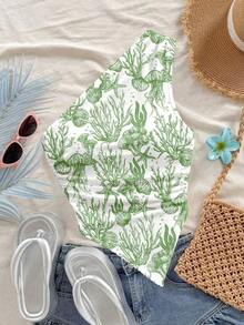 Blusa holgada de punto con un hombro, estampado texturizado tropical asimétrico, elegante y bohemia, adecuada para uso casual, boda en la playa, fiestas, y ocasiones de primavera/verano como Día de San Patricio, Spring Break, Pascua, festivales de música - Verde - Ver 7