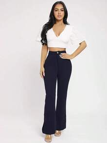 PETITE Pantalones negros de mujer de cintura alta y pierna acampanada - Azul marino - Ver 5
