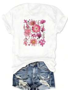 Camiseta de estilo retro boho con estampado floral, manga corta, cuello redondo, top casual para verano y primavera, ropa de talla grande para mujer. - Blanco - Ver 3