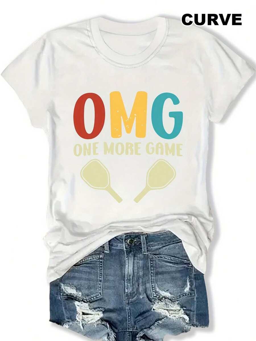 Talla Grande, Camiseta Casual de Manga Corta con Estampado de Letras, Cuello Redondo Oversize, Ropa de Mujer para Verano y Primavera, Tallas Grandes - Blanco - Ver 1