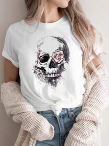 Camiseta deportiva casual para mujer, camiseta de cuello redondo, LOVE BEHIND THE SANDWICH, camiseta con calavera y rosa, top para mujer, estilo oscuro, regalo de Halloween, diseño gótico, toque romántico, top cómodo para todas las estaciones, camisetas de algodón para mujer. - Blanco - Ver 1