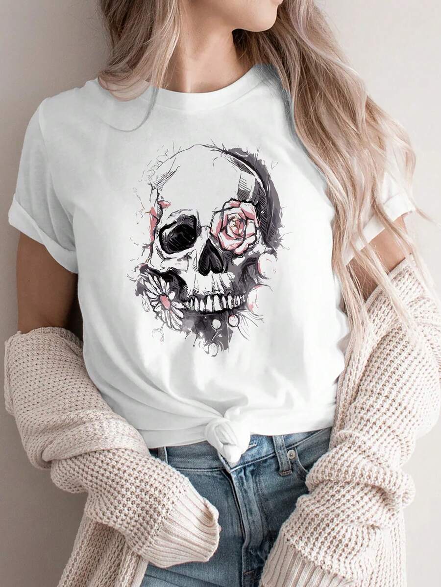 Camiseta deportiva casual para mujer, camiseta de cuello redondo, LOVE BEHIND THE SANDWICH, camiseta con calavera y rosa, top para mujer, estilo oscuro, regalo de Halloween, diseño gótico, toque romántico, top cómodo para todas las estaciones, camisetas de algodón para mujer. - Blanco - Ver 1