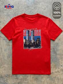 King T-shirt Playera 100% algodón de excelente calidad, esta playera garantiza una suavidad excepcional al tacto, cuello redondo con estampado "New York Manhattan Vintage Skyline" y manga corta - Rojo - Ver 2