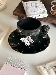 一套3D蝴蝶黑色波点陶瓷杯碟，高端小众波点蝴蝶咖啡杯，小众甜点盘，早餐牛奶杯，咖啡杯碟套装，送友礼物，适合居家、餐厅、咖啡馆、甜品店、礼品、聚会、派对等场合 - 黑色 - 查看 7