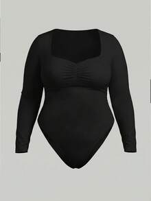 imisic Women's Long Sleeve V-Neck Fitted Bodysuit Dress, Flattering Hips And Abdomen, Basic Fitted Bodysuit Top - Black - View 3
