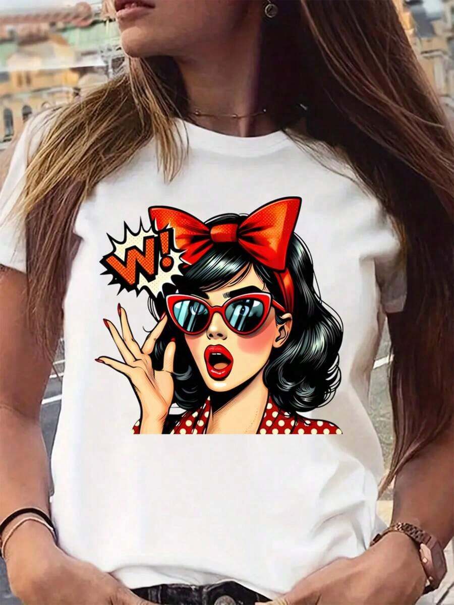 Vintage Character Print T-Shirt, Casual Crew Neck, Short Sleeve, Suitable For Spring And Summer, Comfortable And Breathable, Suitable For All Seasons, Women's Clothing, Cotton T-Shirt - 白色 - 查看 1