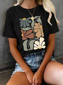 Camiseta con estampado gráfico, top casual de manga corta y cuello redondo para verano y primavera, ropa de mujer - Negro - Ver 3