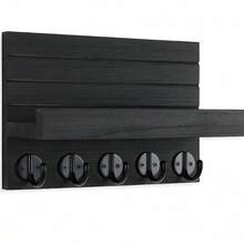 1 Wand-Schlüsselhalter, Dekorationszubehör und Kartenhalter mit Ablage und großen Haken zum Aufhängen von Taschen, Röcken und Regenschirmen - Schlüsselhalter aus Paulownienholz - Schwarz - Übersicht 5