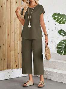 Conjunto de 2 piezas de pantalones y blusa de manga corta con cuello redondo de unicolor para mujer, conjunto de pantalones de verano casual - Verde militar - Ver 3