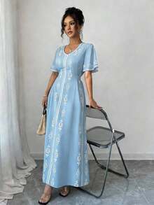 Nuevo vestido de mujer elegante con cuello en V y estampado de moda - Celeste - Ver 6